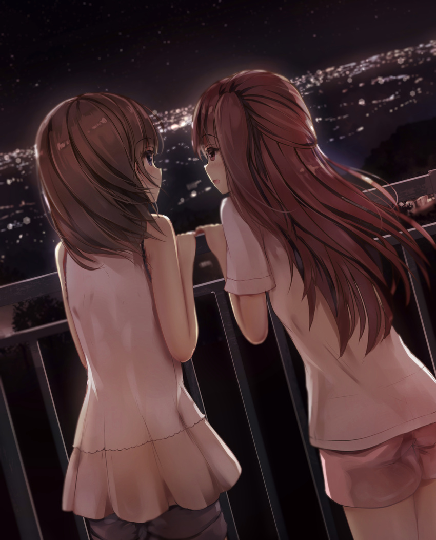 bare_shoulders blush brown_eyes brown_hair city city_lights cityscape close-up dutch_angle from_behind highres long_hair looking_at_another missile228 multiple_girls night night_sky one_side_up open_mouth original profile railing short_hair short_sleeves shorts sky smile standing star_(sky) starry_sky