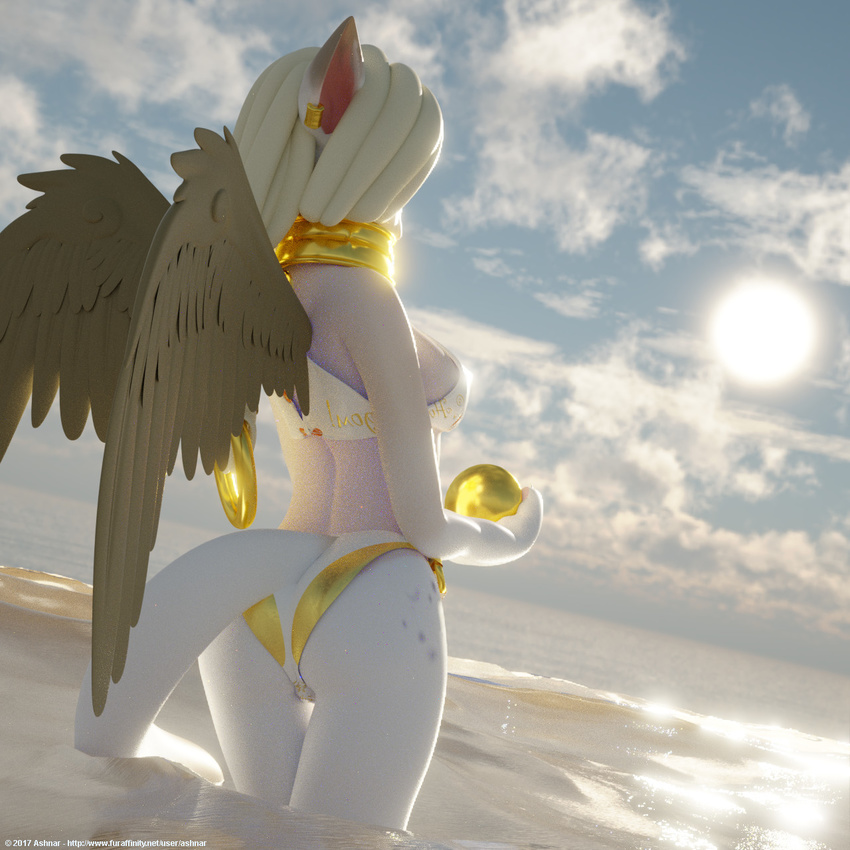 2017 3d_(artwork) anthro ashnar bikini blender_(software) breasts clothing digital_media_(artwork) ear_piercing feathered_wings feathers female hair opal_(ashnar) outside partially_submerged piercing rear_view solo sphinx sun swimsuit white_hair wings