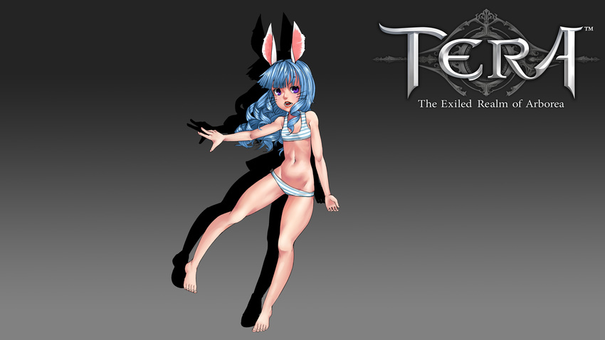 absurdres animal_ears bandaid barefoot blue_eyes blue_hair bra bunny_ears copyright_name curly_hair elin_(tera) fang flat_chest grey_background highres long_hair navel open_mouth outstretched_arm panties panty_peek simple_background solo striped striped_bra striped_panties tera_online toes underwear whiskers whonyang