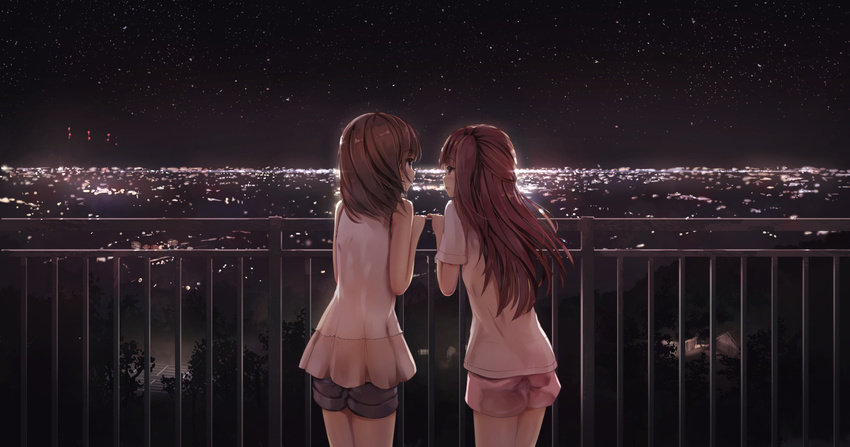 bare_shoulders blush brown_eyes brown_hair city city_lights cityscape commentary from_behind highres long_hair looking_at_another missile228 multiple_girls night night_sky one_side_up open_mouth original profile railing short_hair short_sleeves shorts sky smile standing star_(sky) starry_sky yuri