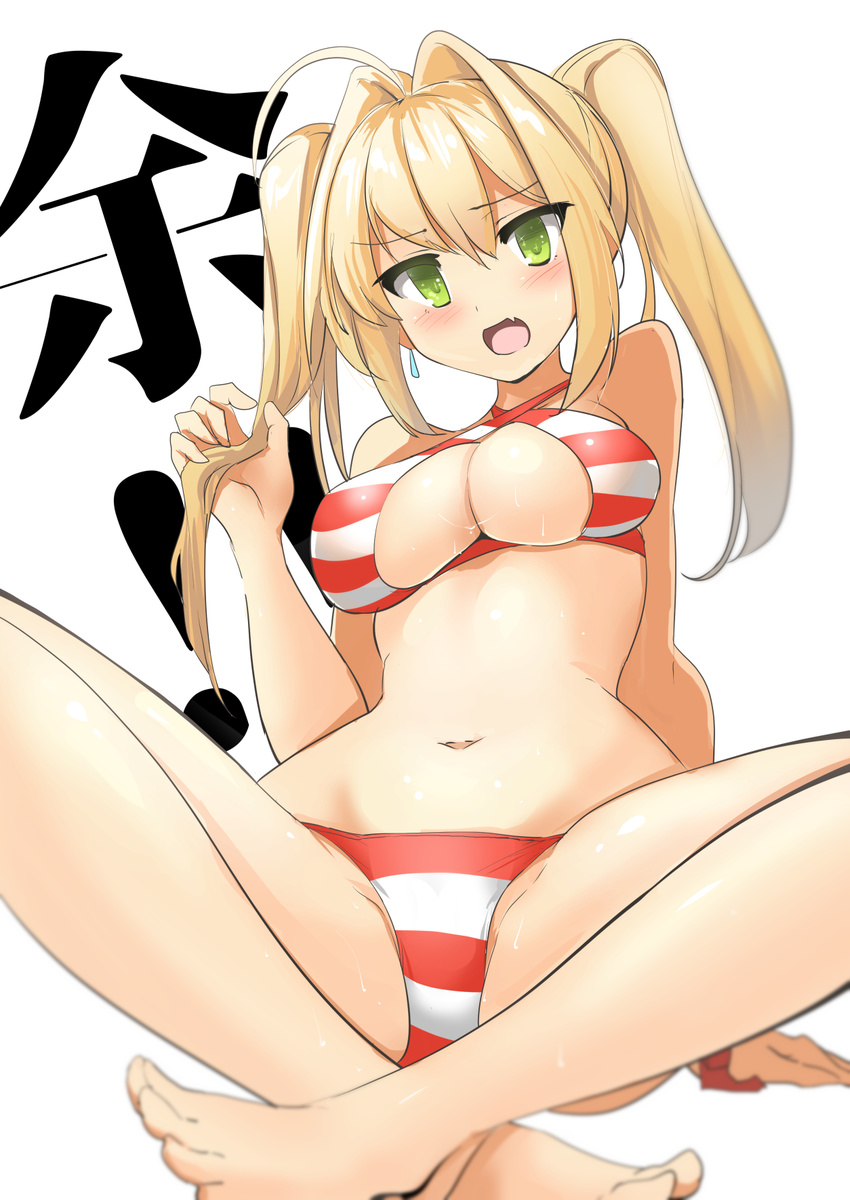 ahoge bangs bare_shoulders barefoot bikini blonde_hair blush breasts cleavage commentary_request criss-cross_halter earrings eyebrows_visible_through_hair eyelashes fang fate/extra fate/grand_order fate_(series) green_eyes hair_between_eyes hair_intakes halterneck highres holding holding_hair indian_style jewelry legs long_hair looking_at_viewer medium_breasts momio navel nero_claudius_(fate)_(all) nero_claudius_(swimsuit_caster)_(fate) open_mouth red_bikini simple_background sitting solo striped striped_bikini sweat swimsuit thighs twintails white_background