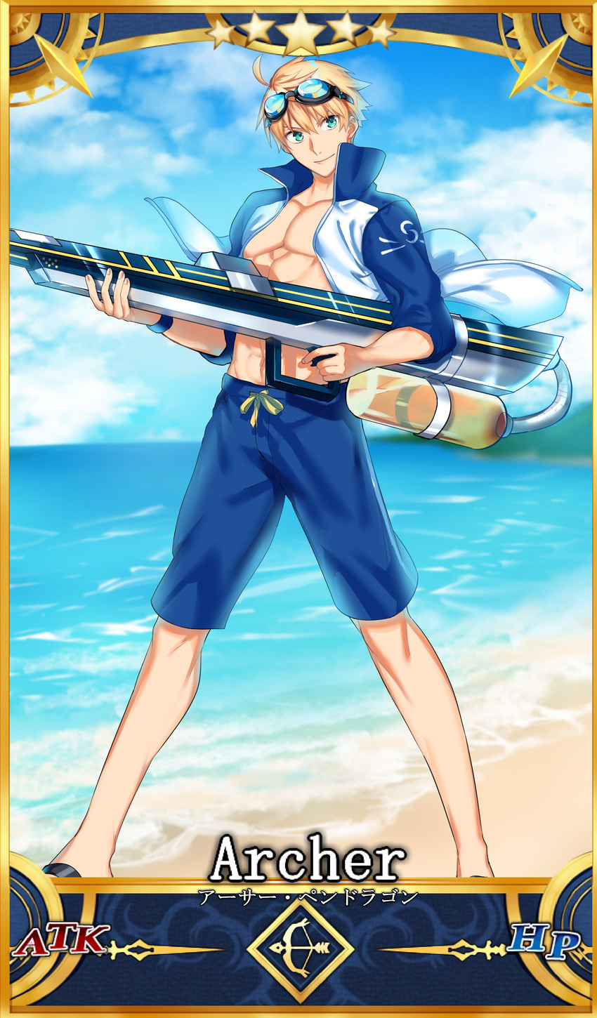 absurdres adapted_costume ahoge arthur_pendragon_(fate) artoria_pendragon_(all) artoria_pendragon_(swimsuit_archer) beach blonde_hair blue_sky card_(medium) card_parody character_name cloud day fate/grand_order fate/prototype fate_(series) full_body goggles goggles_on_head green_eyes highres looking_at_viewer male_focus male_swimwear ocean official_style pectorals sandals servant_card_(fate/grand_order) seseragi_azuma shore short_hair sky smile swim_trunks swimwear takeuchi_takashi_(style) water_gun