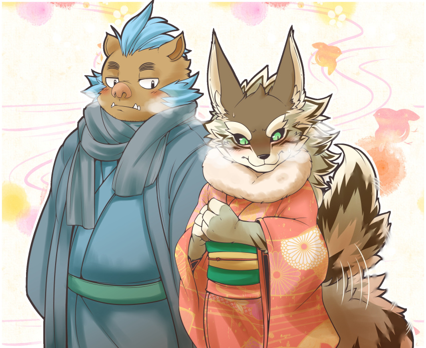 2019 anthro black_nose blush boar brown_fur canine clothed clothing cute_fangs duo fur gouryou green_eyes humanoid_hands male mammal overweight overweight_male porcine risuou robe scarf seth_(tas) tokyo_afterschool_summoners video_games wolf