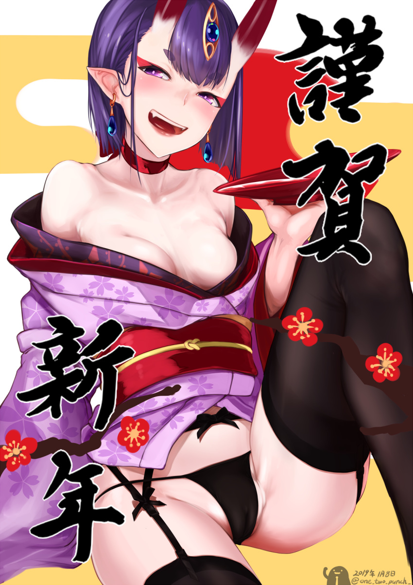 cameltoe fate/grand_order garter_belt horns japanese_clothes no_bra open_shirt pantsu pointy_ears shuten_douji_(fate/grand_order) stockings thighhighs wantsupanchi!!