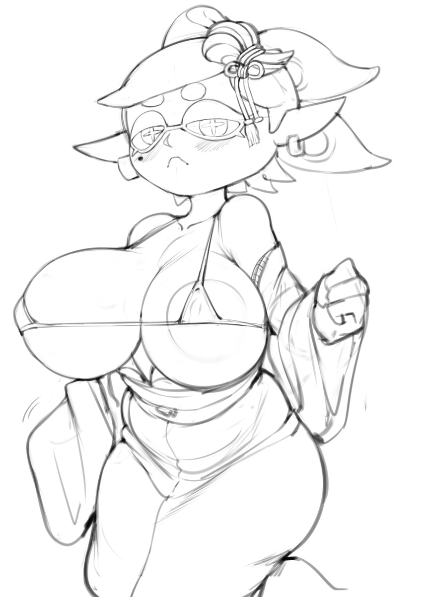 bare_shoulders bikini blush breasts earrings erect_nipples gray_impact highres hotaru_(splatoon) japanese_clothes jewelry large_breasts looking_at_viewer mole mole_under_eye monochrome paint pointy_ears robe short_hair silver_hair simple_background splatoon splatoon_2 tentacle_hair