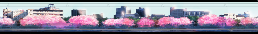 blue_sky building cherry_blossoms city commentary_request day fence highres house letterboxed long_image no_humans original outdoors panorama power_lines railroad_tracks scenery sky skyline wide_image xi_chen_chen