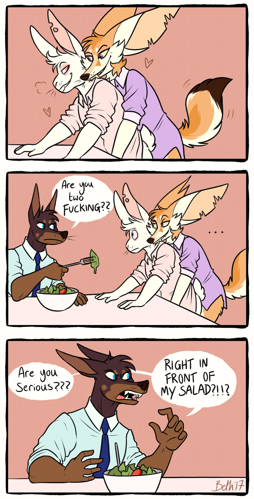 ! &lt;3 ... ? anal anal_penetration angry anthro beth_(artist) big_ears bite bottomless breath buckteeth butt canine clothed clothing comic dialogue dog eating english_text fangs fennec food fork fox from_behind_position fur half-closed_eyes hi_res humor lagomorph long_ears looking_back looking_down male male/male mammal meme necktie notched_ear penetration pink_eyes purple_eyes question rabbit right_in_front_of_my_salad salad sex sharp_teeth shirt sitting smile standing stare teeth text whiskers yelling