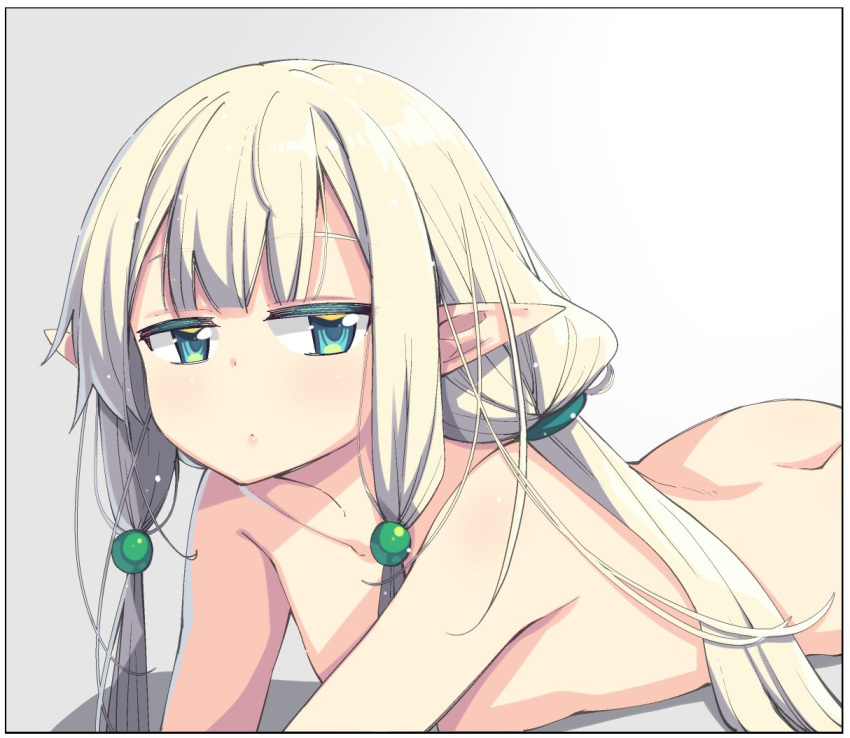 1girl akino_sora ass bangs black_border blonde_hair blunt_bangs blush border breasts butt_crack closed_mouth commentary_request elf eyebrows_visible_through_hair gradient gradient_background green_eyes grey_background jitome long_hair looking_at_viewer low-tied_long_hair nude original pointy_ears small_breasts solo