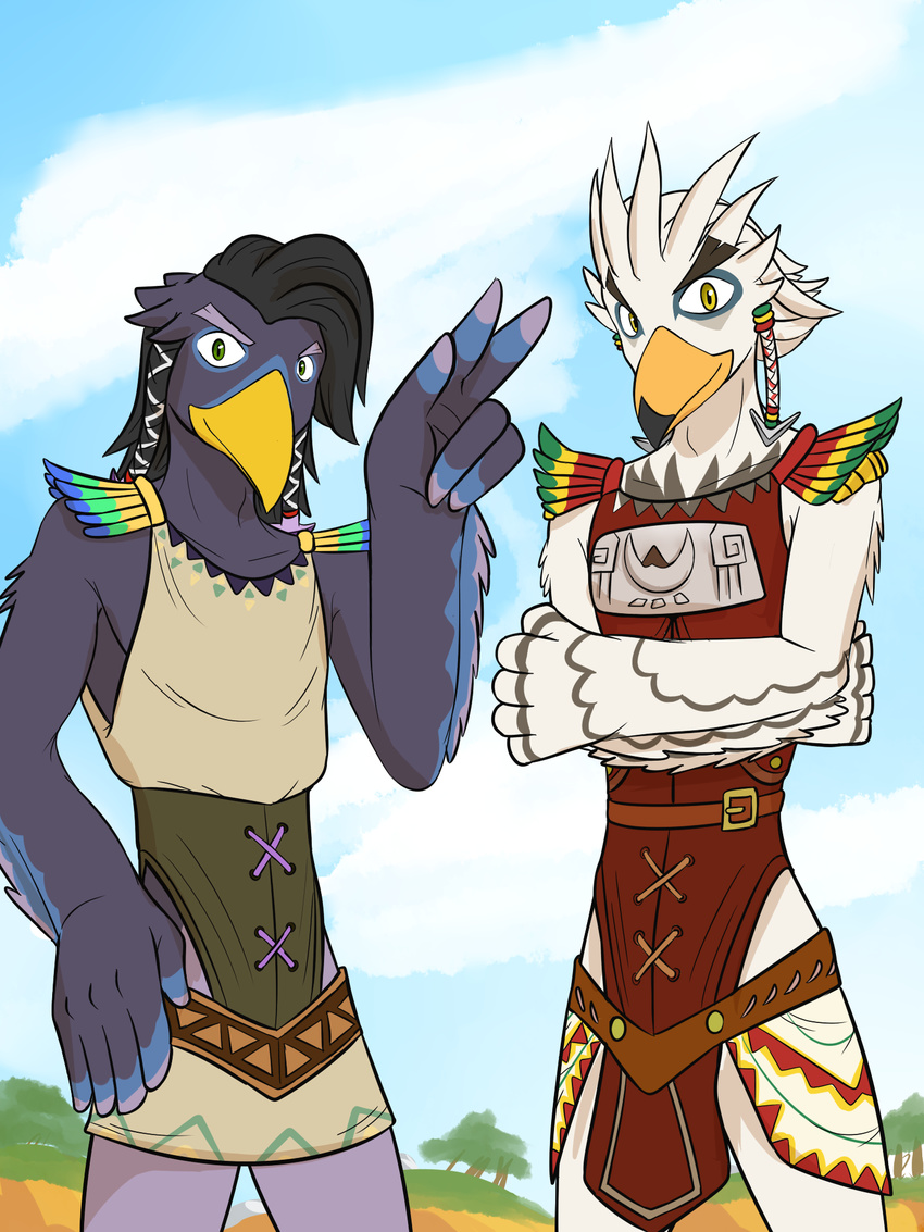 anthro avian bird breath_of_the_wild duo feathers fuze green_eyes grey_feathers harth_(zelda) hi_res male nintendo rito teba_(zelda) the_legend_of_zelda video_games white_feathers yellow_eyes