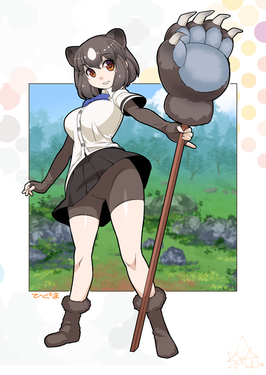 animal_ears bear_ears bear_girl bear_paw_hammer bike_shorts bow bowtie breasts brown_bear_(kemono_friends) brown_hair commentary_request elbow_gloves fingerless_gloves gloves highres kemono_friends large_breasts short_hair shorts shorts_under_skirt skirt umigarasu_(kitsune1963)