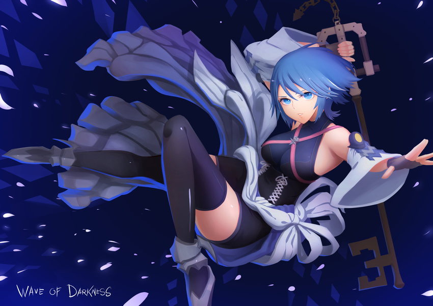 1girl aqua_(kingdom_hearts) blue_eyes blue_hair breasts detached_sleeves fingerless_gloves gloves keyblade kingdom_hearts_birth_by_sleep short_hair