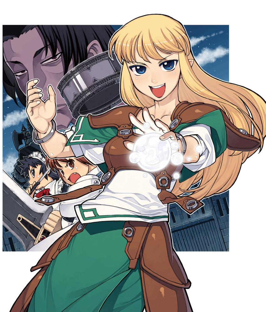 1boy 3girls :d black_eyes black_hair blonde_hair blue_eyes blue_sky brown_eyes brown_hair cloud commentary_request copyright_request dress elf fingernails green_dress hamada_yoshikazu hand_up highres inset leather_armor long_hair looking_at_viewer magic multiple_girls official_art open_mouth pointy_ears projected_inset sanpaku shoulder_armor sky smile spaulders standing