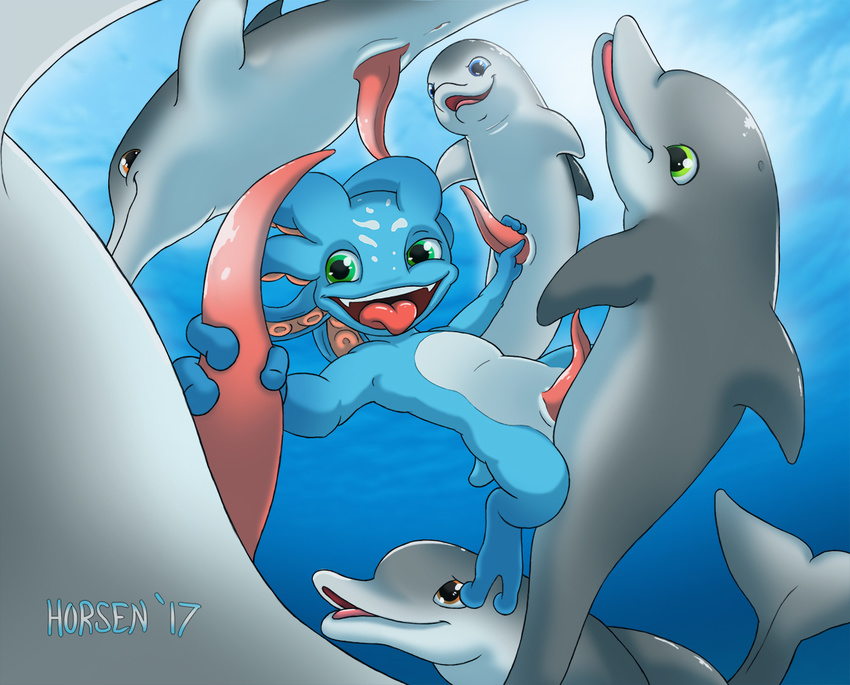 bestiality cetacean dolphin feral fizz_(lol) green_eyes group group_sex horsen league_of_legends male male/male mammal marine orgy penis riot_games sex smile video_games water