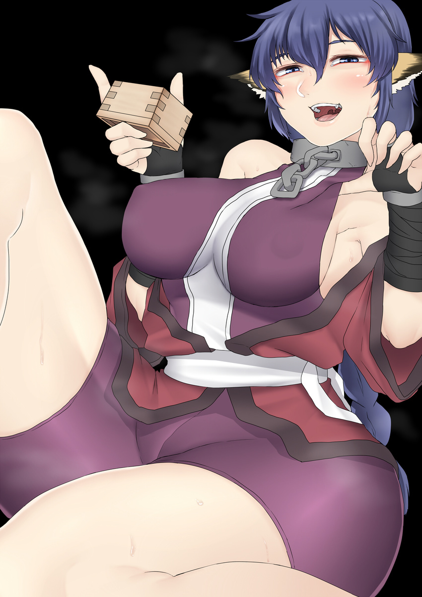 animal_ears armpit_peek bare_legs bare_shoulders black_background blue_eyes blue_hair blush bodysuit braid breasts breath bridal_gauntlets chain collar commentary_request covered_nipples crotch_seam cup hair_between_eyes half-closed_eyes hands_up highres hips holding holding_cup impossible_clothes karura_(utawareru_mono) knee_up large_breasts long_hair looking_at_viewer metal_collar nicutoka open_mouth sideboob simple_background sitting skin_tight sleeveless smile solo sweat teasing thighs utawareru_mono