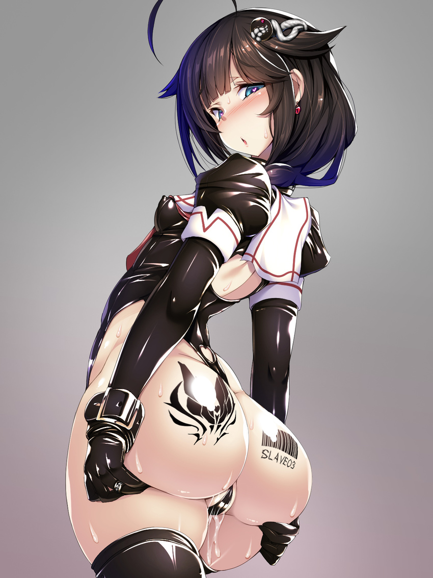 ahoge ass ass_support ass_tattoo barcode_tattoo black_hair blue_eyes blush collar corruption dark_persona earrings gloves gradient gradient_background hair_ornament hair_over_shoulder heart heart-shaped_lock heart-shaped_pupils heart_earrings heart_lock_(kantai_collection) highleg highleg_leotard highres jewelry kantai_collection latex leotard looking_at_viewer looking_back open_mouth pussy_juice sailor_collar shigure_(kantai_collection) shinkaisei-kan solo standing symbol-shaped_pupils tattoo thighhighs torisan