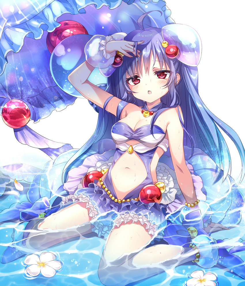 :o ahoge arm_support arm_up bangs bare_arms bare_shoulders bead_bracelet beads blue_footwear blue_hair blue_ribbon bracelet breasts cleavage commentary_request detached_collar emia_(castilla) eyebrows_visible_through_hair flower frilled_swimsuit frills full_body hair_ornament half-closed_eyes highres jewelry long_hair looking_at_viewer medium_breasts navel navel_cutout noa_(shironeko_project) one-piece_swimsuit petals purple_swimsuit red_eyes ribbon see-through shade shiny shiny_hair shironeko_project shoes simple_background sitting solo swimsuit two_side_up wariza water wet wet_hair white_background white_flower