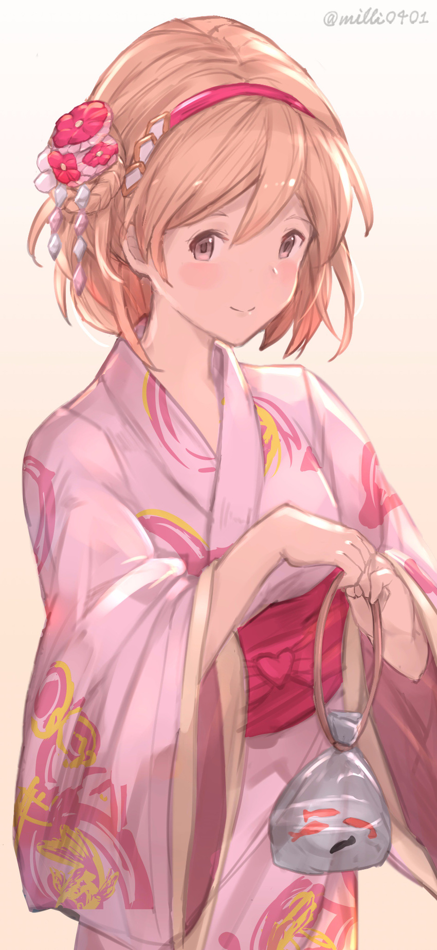 absurdres blonde_hair blush blush_stickers braid brown_eyes colorized djeeta_(granblue_fantasy) fish flower granblue_fantasy hair_flower hair_ornament hairband highres japanese_clothes kimono milli_little pink_hairband smile solo twitter_username