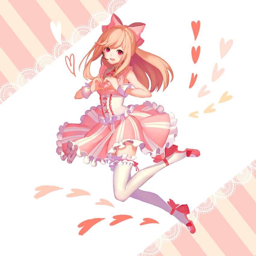 :d bangs blush bow brown_hair character_request copyright_request diagonal_stripes frilled_legwear from_side full_body hair_between_eyes hair_bow head_tilt heart heart_hands highres kurenai907 lace leg_up long_hair looking_at_viewer open_mouth pink_bow pink_footwear pink_skirt red_eyes shoes skirt smile solo striped swept_bangs thighhighs vertical-striped_skirt vertical_stripes white_legwear wrist_cuffs