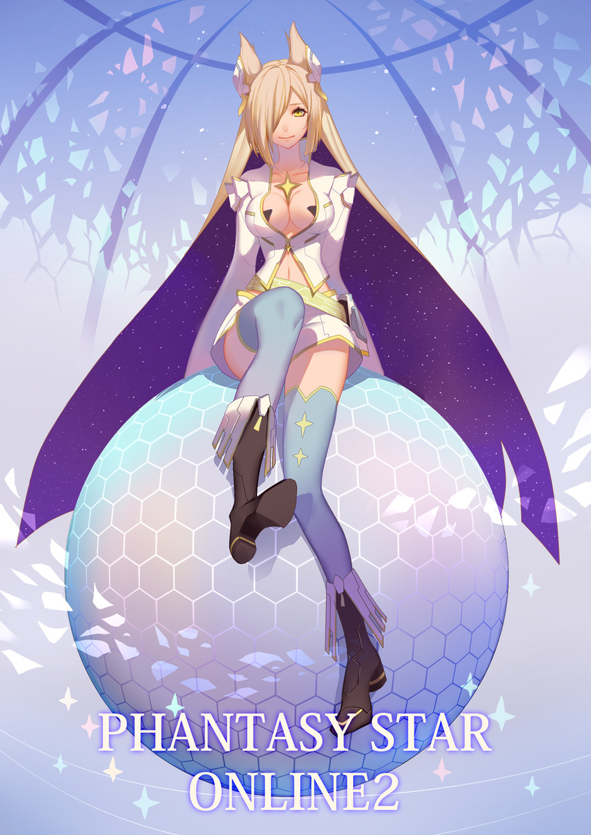 :&gt; adapted_costume alma_(pso2) arms_at_sides blue_background blue_legwear boots breasts brown_footwear brown_hair cleavage closed_mouth collarbone commentary_request copyright_name full_body hair_over_one_eye head_tilt hexagon highres jewelry knee_boots kurenai907 large_breasts long_hair looking_at_viewer navel necklace orb phantasy_star phantasy_star_online_2 shirt sitting skirt smile solo star_(sky) thighhighs very_long_hair white_shirt white_skirt yellow_eyes