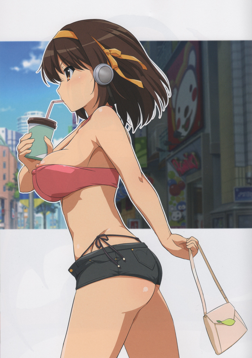 absurdres ass bag bandeau bangs bare_shoulders behind-the-head_headphones bleed_through blue_sky breasts brown_eyes brown_hair cloud cup day drinking_straw hairband halterneck handbag haruhisky headphones highres large_breasts nipple_slip nipples orange_hairband panties road scan scan_artifacts shop short_hair short_shorts shorts side-tie_panties sky solo street suzumiya_haruhi suzumiya_haruhi_no_yuuutsu tan tree unbuttoned underwear