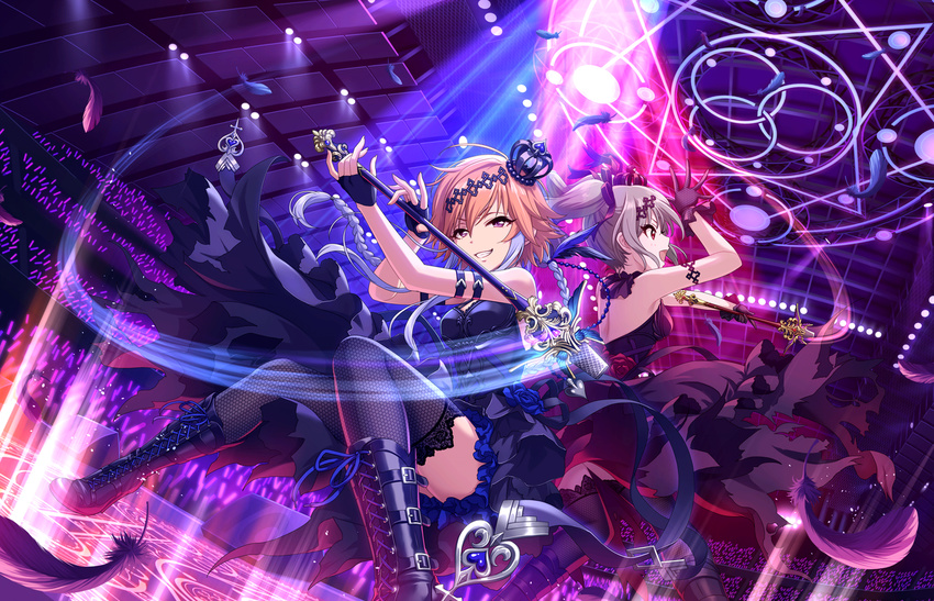 artist_request back bangs blue_flower blue_rose boots braid chuunibyou crown dark_illuminate dress eyelashes feathers fishnet_legwear fishnets flower gloves grey_hair grin hair_between_eyes hair_extensions hair_ornament holding idol idolmaster idolmaster_cinderella_girls idolmaster_cinderella_girls_starlight_stage kanzaki_ranko long_hair looking_at_viewer microphone_stand mini_crown multicolored_hair multiple_girls ninomiya_asuka official_art open_mouth orange_hair purple_eyes red_eyes red_flower red_rose rose short_hair smile stage thighhighs twintails two-tone_hair