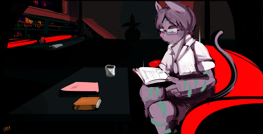 askdirty book cat clothing eyewear feline glasses library male mammal reading scenery shirt