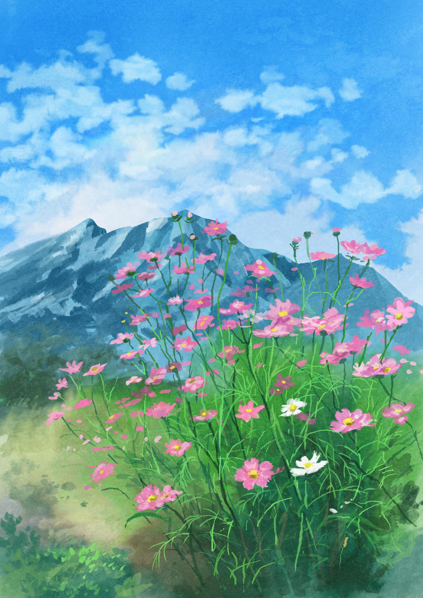 blue_sky cloud cloudy_sky commentary cosmos_(flower) day flower grass highres hirota_(masasiv3) mountain no_humans outdoors scenery sky