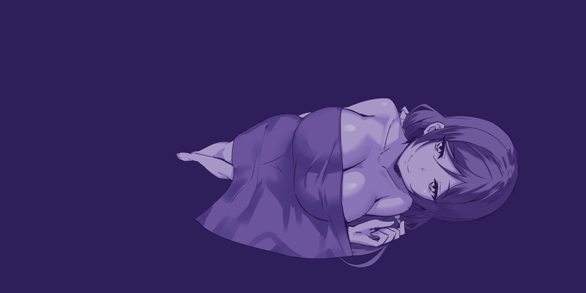 absurdres barefoot breasts cleavage closed_mouth foreshortening highres large_breasts long_hair looking_at_viewer love_live! love_live!_school_idol_project low_twintails lying monochrome naked_sheet on_side purple purple_background shirt simple_background sky_(freedom) smile solo toujou_nozomi twintails