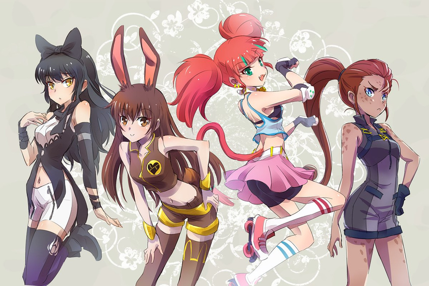 animal_ears aqua_eyes black_hair blake_belladonna blue_hair brown_eyes brown_hair bunny_ears bunny_tail cat_tail commentary earrings fingerless_gloves gloves iesupa ilia_amitola jewelry multiple_girls navel neon_katt red_hair roller_skates rwby shorts skates spots tail tan velvet_scarlatina yellow_eyes