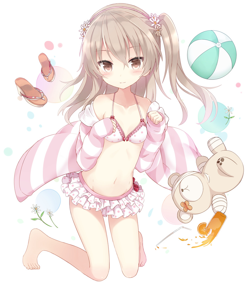 ball barefoot bikini blush boko_(girls_und_panzer) breasts brown_eyes brown_hair closed_mouth flower frilled_bikini frills girls_und_panzer hair_flower hair_ornament hairband highres kneeling looking_at_viewer navel pink_hairband polka_dot polka_dot_bikini sandals sandals_removed shimada_arisu short_hair shuuichi_(gothics) side_ponytail small_breasts smile solo striped stuffed_animal stuffed_toy swimsuit teddy_bear white_background
