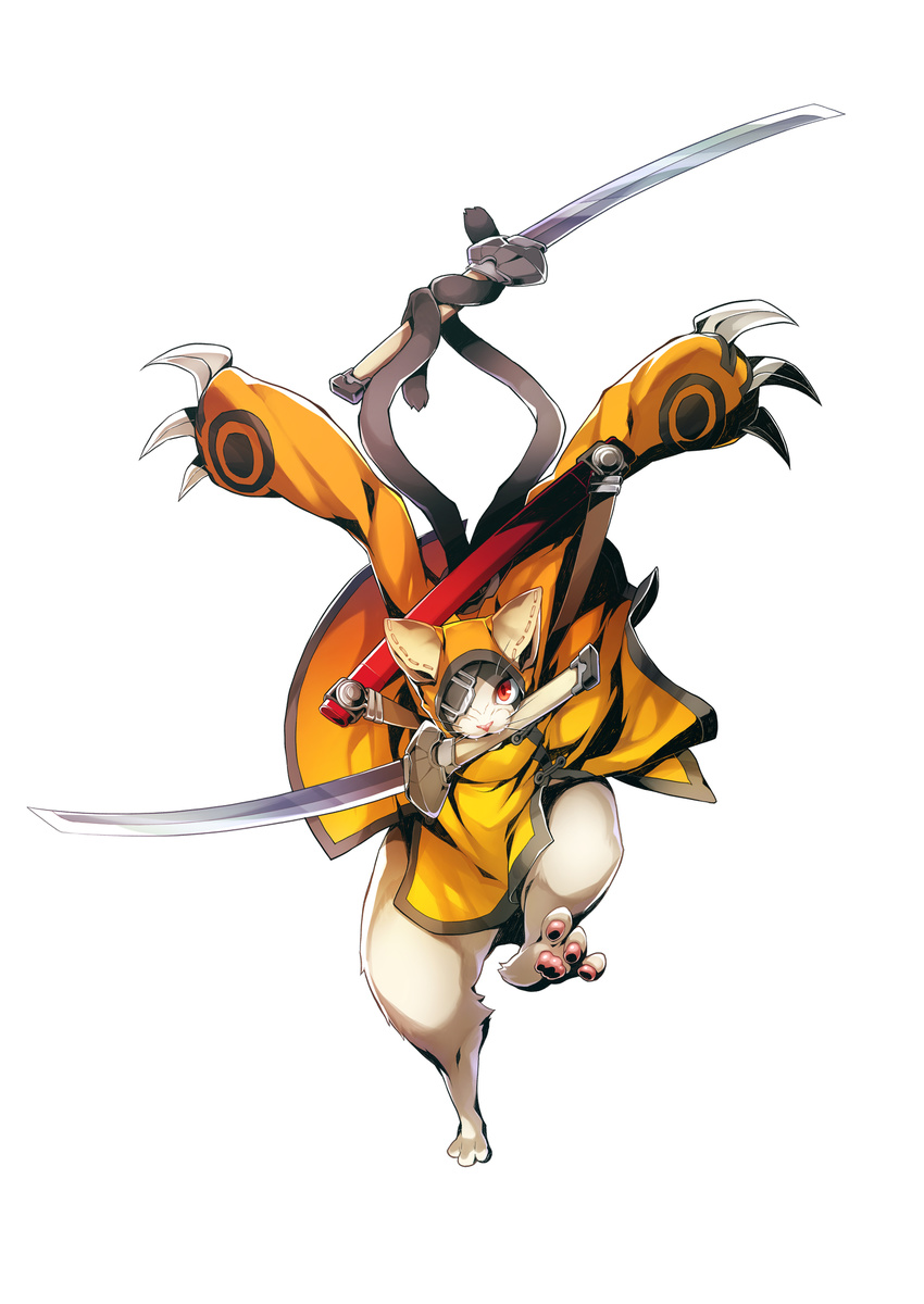 animal_ears arms_up blazblue blazblue:_central_fiction cat cat_ears claws coat eyepatch full_body furry highres jubei_(blazblue) katou_yuuki long_sleeves looking_at_viewer male_focus mouth_hold multiple_tails no_humans official_art one_eye_covered red_eyes sheath simple_background tail tail_hold whiskers white_background
