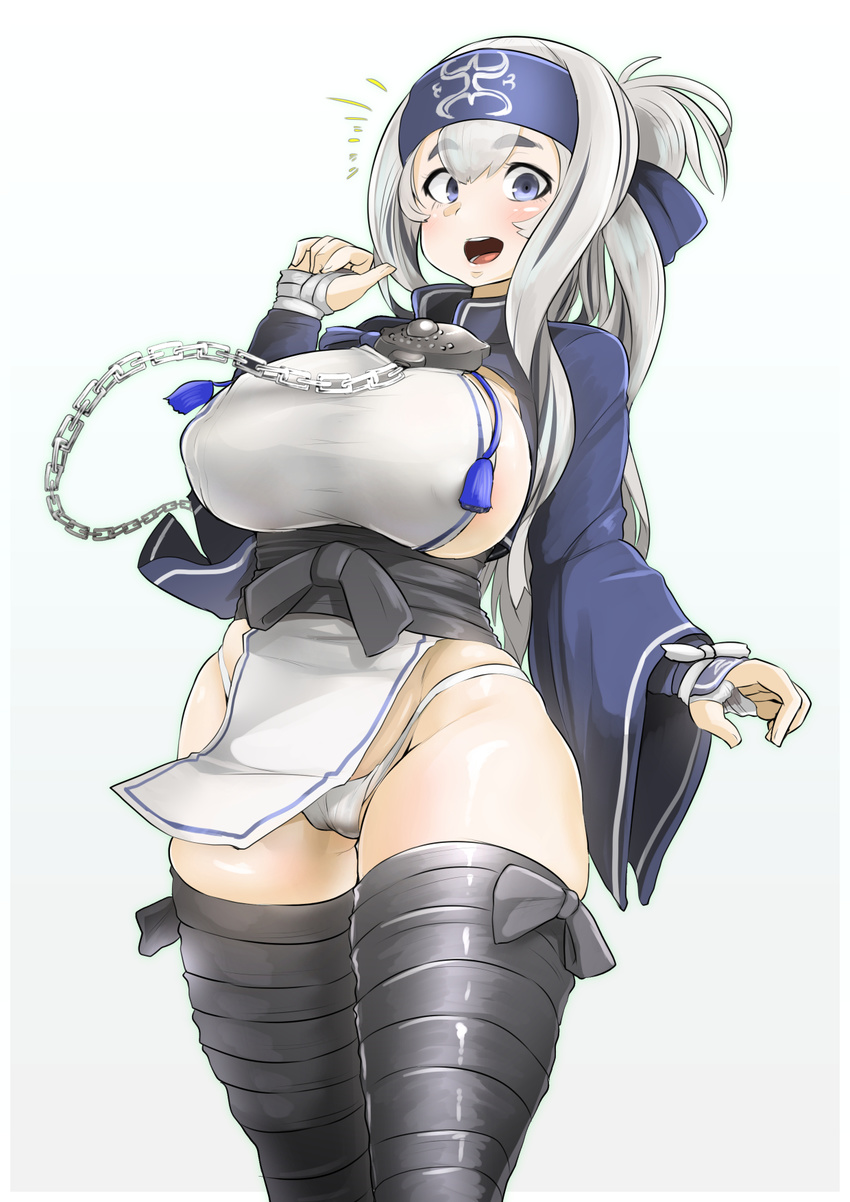 1girl :d ainu_clothes bandages bandana black_legwear blue_eyes breasts chain cowboy_shot folded_ponytail headband highres kamoi_(kantai_collection) kantai_collection large_breasts long_hair long_sleeves looking_at_viewer open_mouth outline panties pelvic_curtain ryuun_(stiil) sidelocks simple_background smile solo standing thick_eyebrows thighhighs underwear white_background white_hair white_panties wrist_guards