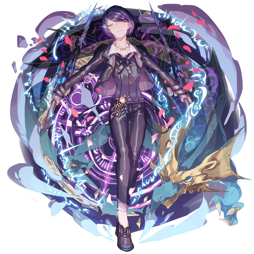 bad_id bad_pixiv_id black_pants divine_gate dragon dual_wielding facing_viewer full_body hair_ornament hairclip highres holding holding_sword holding_weapon jewelry lemming_no_suana magic_circle male_focus necklace pants purple_hair runes solo standing sword weapon