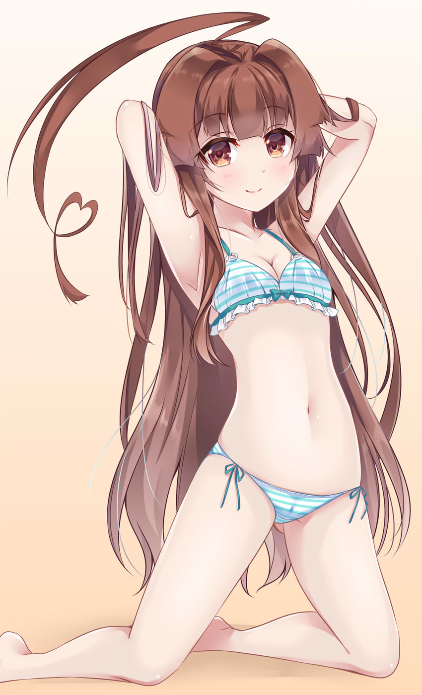 ahoge armpits arms_behind_head arms_up ass_visible_through_thighs barefoot bikini blush breasts brown_eyes brown_hair closed_mouth collarbone eyebrows_visible_through_hair frilled_bikini_top frills gradient gradient_background head_tilt heart highres huge_ahoge kantai_collection kneeling ko_yu kuma_(kantai_collection) long_hair looking_at_viewer medium_breasts navel smile solo swimsuit very_long_hair