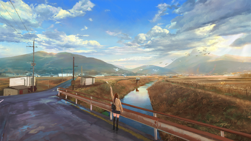 bag bird blue_skirt blue_sky brown_hair building cloud cloudy_sky commentary day fence grass highres long_hair long_sleeves mountain original outdoors plaid plaid_skirt pleated_skirt power_lines railing river road rural scenery school_uniform shoulder_bag signature skirt sky solo street sunlight telephone_pole thighhighs very_wide_shot water wayne_chan zettai_ryouiki