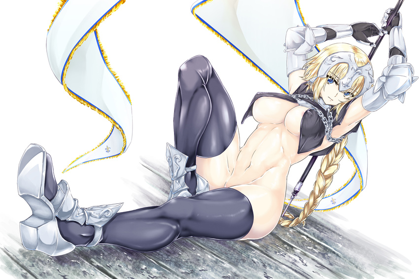 areola armor bottomless cleavage erect_nipples fate/grand_order heels jeanne_d'arc jeanne_d'arc_(fate/apocrypha) no_bra open_shirt renkon ruler_(fate/apocrypha) thighhighs underboob weapon
