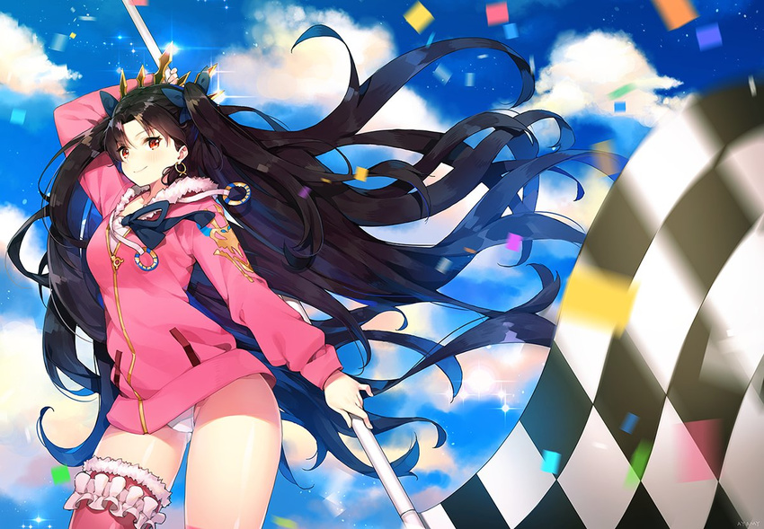 arm_up ayamy bangs black_hair blue_sky blurry blush bow checkered checkered_flag closed_mouth cloud cloudy_sky confetti contrapposto cowboy_shot crown day depth_of_field earrings eyebrows_visible_through_hair fate/grand_order fate_(series) flag floating_hair fur-trimmed_hood fur-trimmed_legwear fur_trim hair_bow highleg highleg_swimsuit holding holding_flag hood hoodie hoop_earrings ishtar_(fate/grand_order) ishtar_(swimsuit_rider)_(fate) jewelry lens_flare long_hair looking_at_viewer motion_blur one-piece_swimsuit outdoors pink_legwear red_eyes single_thighhigh sky smile solo sparkle standing swimsuit swimsuit_under_clothes thighhighs thighs two_side_up very_long_hair white_swimsuit