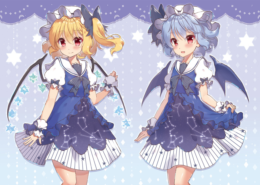 2girls :d alternate_costume bangs bat_wings beni_kurage blonde_hair blue_background blue_bow blue_dress blue_hair blush bow commentary_request constellation_print cowboy_shot crystal dress eyebrows_visible_through_hair fang_out fingernails flandre_scarlet hair_between_eyes hat hat_bow hexagram highres looking_at_viewer mob_cap multiple_girls one_side_up open_mouth puffy_short_sleeves puffy_sleeves red_eyes remilia_scarlet sailor_collar sailor_dress short_hair short_sleeves siblings sisters skirt_hold smile standing star star_print striped striped_bow thighs touhou vertical_stripes white_hat white_sailor_collar wings wrist_cuffs