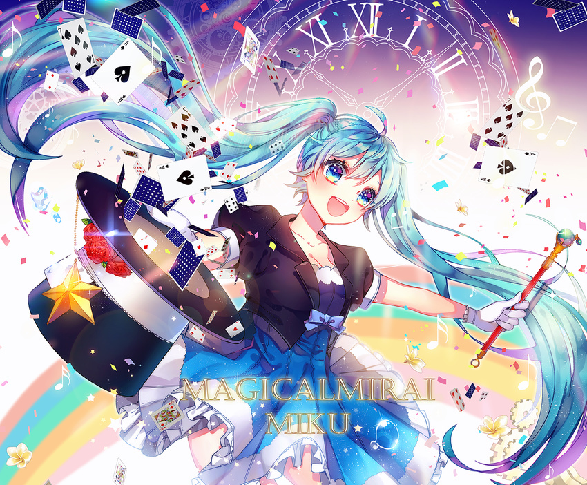 :d ahoge beamed_eighth_notes black_hat blue_eyes blue_hair blush breasts card character_name cleavage clock copyright_name eighth_note eyebrows_visible_through_hair hat hat_removed hatsune_miku headwear_removed holding holding_hat long_hair looking_at_viewer magical_mirai_(vocaloid) magician medium_breasts musical_note open_mouth playing_card rod roman_numerals shina_(sbk951121) sixteenth_note smile solo top_hat treble_clef twintails vocaloid wand