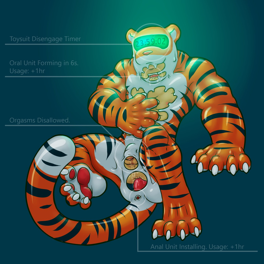 4_toes 5_fingers anal anal_penetration claws color_contrast dildo feline hi_res human male male_focus mammal muscular muscular_male nude penetration rei98 rubber sex_toy shiny solo striped_body symbiote text tiger timer_suit toes transformation