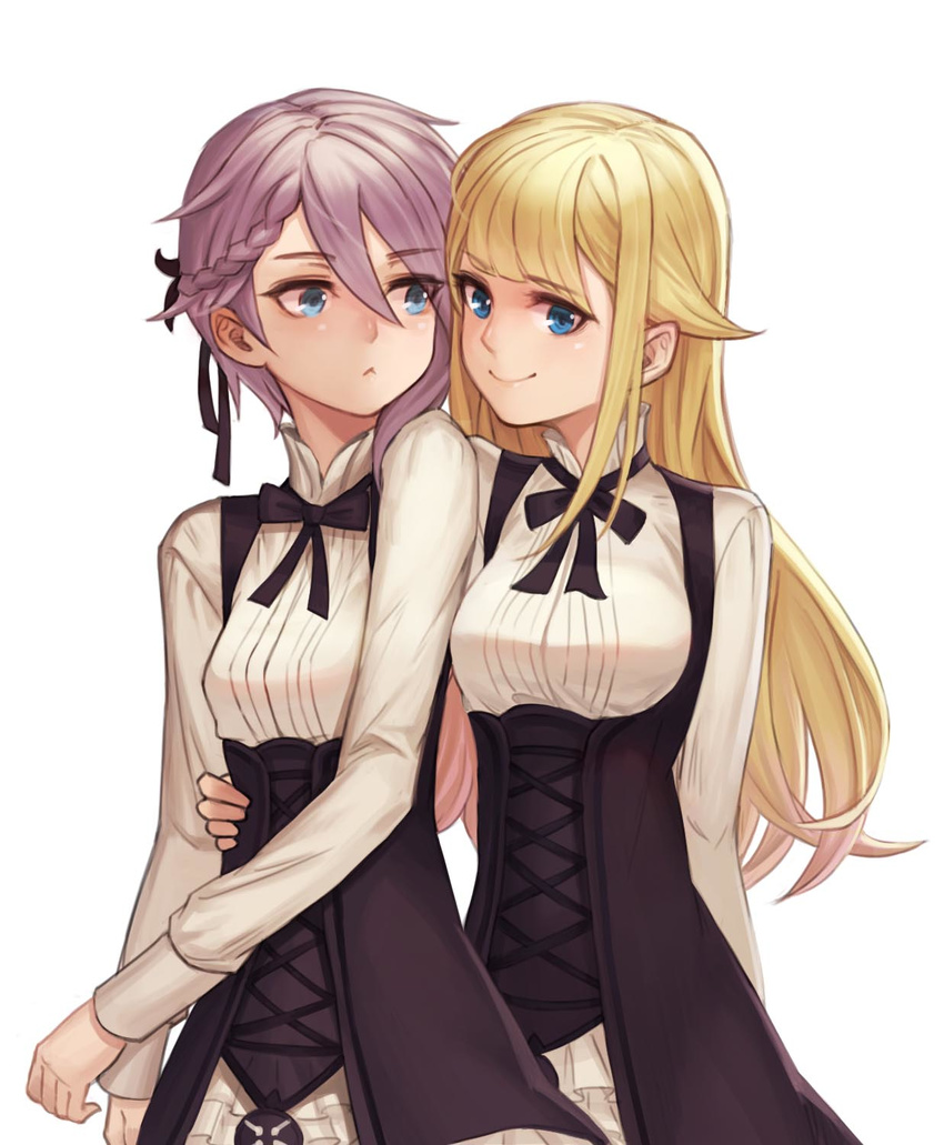 :&lt; ange_(princess_principal) arm_around_waist blonde_hair blue_eyes braid eye_contact highres long_hair looking_at_another multiple_girls princess_(princess_principal) princess_principal purple_hair school_uniform smile standing yuri ziongqian