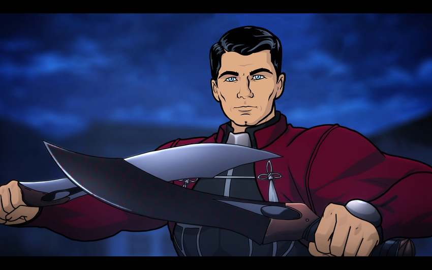 archer archer_(series) armor black_hair blue_eyes blurry blurry_background cleft_chin closed_mouth cloud commentary crossover dual_wielding fate/stay_night fate_(series) highres holding holding_sword holding_weapon intellectual_deviant kanshou_&amp;_bakuya letterboxed long_sleeves looking_at_viewer male_focus manly muscle namesake night night_sky official_style sky solo sterling_archer sword weapon