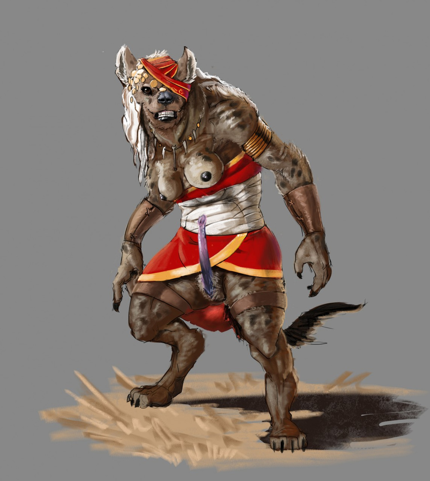 animal_genitalia breasts clothed clothing erection female gnoll hyena mammal nipples partially_clothed pseudo-penis simple_background solo