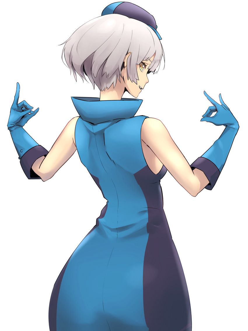 bob_cut elevator_attendant elevator_girl elizabeth_(persona) gloves hat highres looking_at_viewer looking_back persona persona_3 persona_4:_the_ultimate_in_mayonaka_arena rdc7229 short_hair silver_hair simple_background solo uniform white_background yellow_eyes