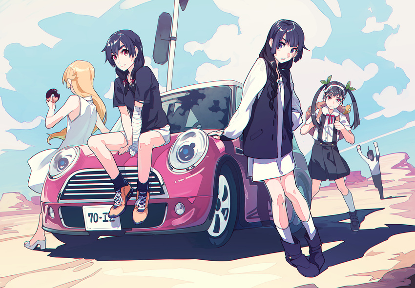 4girls araragi_koyomi backpack bag bakemonogatari black_hair blonde_hair blue_eyes car cloud commentary_request day doughnut dress food ground_vehicle hachikuji_mayoi hairband highres kamameshi_gougoumaru kanbaru_suruga long_hair monogatari_(series) motor_vehicle multiple_girls on_vehicle oshino_shinobu outdoors purple_hair red_eyes ribbon school_uniform senjougahara_hitagi short_hair shorts sitting skirt sky sleeveless sleeveless_dress standing twintails white_dress