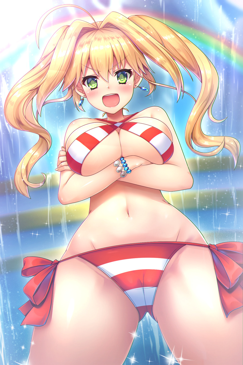 :d ahoge bangs bare_arms bare_shoulders bead_bracelet beads bikini blonde_hair blue_sky blurry blurry_background blush bracelet breasts cameltoe cloud commentary_request cowboy_shot criss-cross_halter crossed_arms day earrings eyebrows_visible_through_hair fate/grand_order fate_(series) floating_hair from_below glint green_eyes groin hair_between_eyes hair_intakes halter_top halterneck highres jewelry large_breasts long_hair looking_at_viewer navel nero_claudius_(fate)_(all) nero_claudius_(swimsuit_caster)_(fate) open_mouth outdoors rainbow red_bikini samoore shiny shiny_hair side-tie_bikini sky smile solo sparkle stairs standing stomach striped striped_bikini swimsuit twintails v-shaped_eyebrows