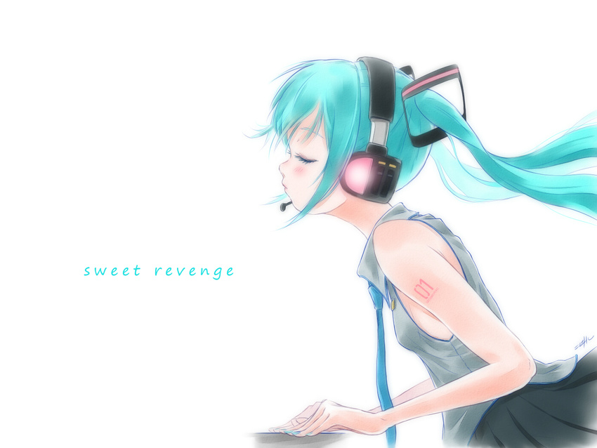 aqua_hair closed_eyes hatsune_miku headset kowiru long_hair necktie no_detached_sleeves profile simple_background sleeveless solo tattoo twintails vocaloid