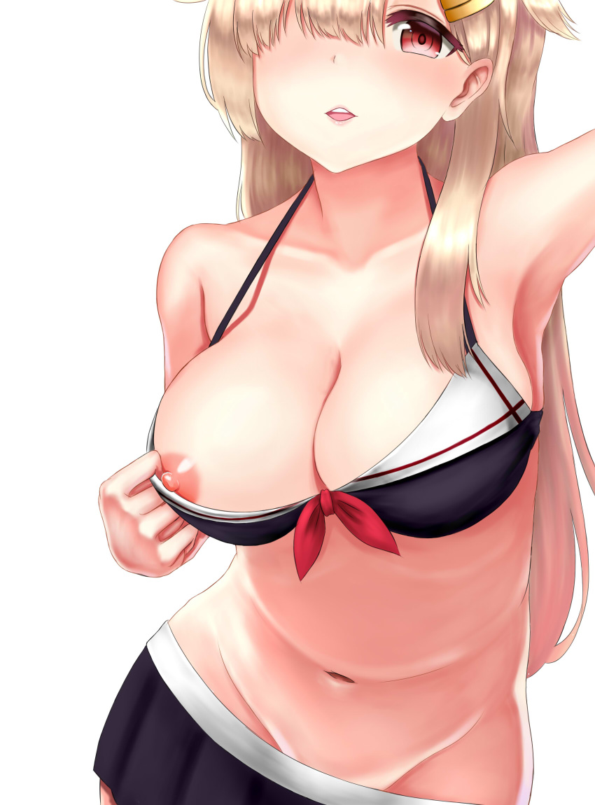 1girl alternate_costume areolae bikini bikini_skirt black_ribbon blonde_hair blush breasts gradient_hair hair_between_eyes hair_flaps hair_ornament hair_over_one_eye hair_ribbon hairclip highres kantai_collection large_breasts long_hair looking_at_viewer messy_hair multicolored_hair navel nipple_slip nipples open_mouth red_eyes remodel_(kantai_collection) ribbon simple_background solo straight_hair swimsuit u4284g yuudachi_(kantai_collection)