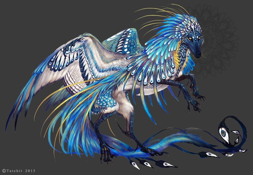 2015 ambiguous_gender black_nose blue_fur canine claws feathers feral fur grey_background hybrid mammal simple_background solo tatchit white_eyes white_feathers