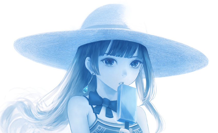 earrings food hat jewelry limited_palette long_hair looking_at_viewer original parted_lips popsicle sakimori_(hououbds) solo sun_hat upper_body